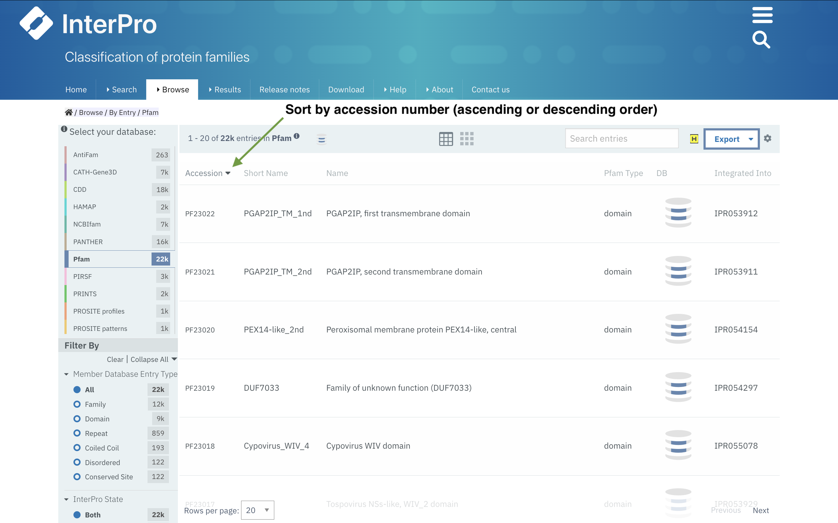 Example of a list of Pfam sorted by descending accessions in browse by member database